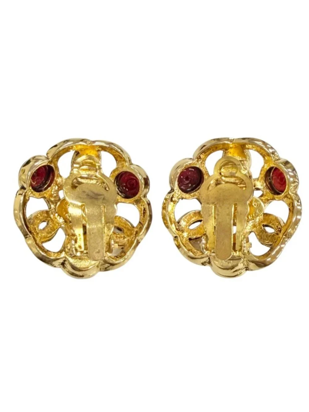 Chanel Vintage 25 Gripoix CC Logo Earrings Gold Red French